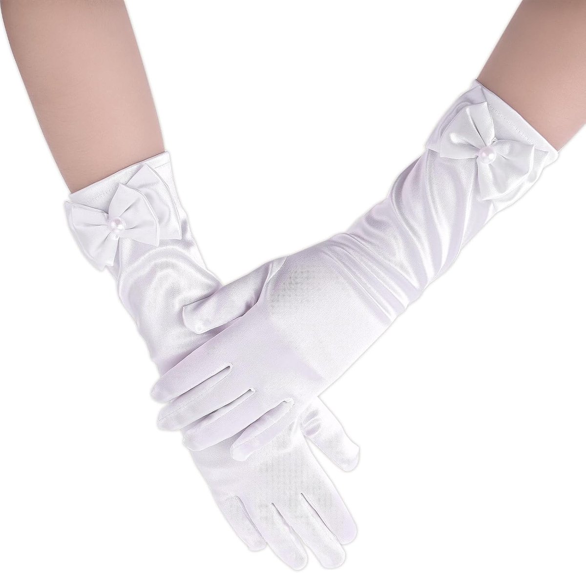Handschoenen, bruiloft, bloemen, meisjes, jurk, handschoenen, wit, satijn, lange handschoenen met strik, formele eerste communie, verjaardag, feestelijke maskerade, Wit, One size
