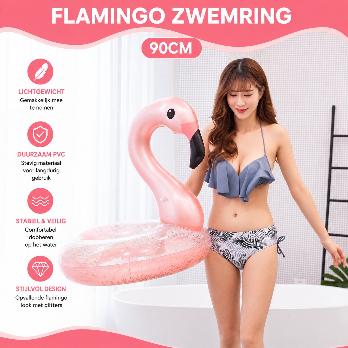 Opblaasbare Flamingo Zwemband 90 cm – Pool Float voor Zwembad & Strand (40–60 kg) – foto 3