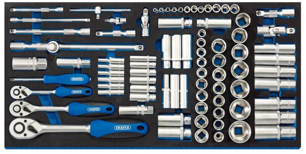 Draper 1/4", 3/8" en 1/2" doppenset met ratels in foam inlay, 84-delig
