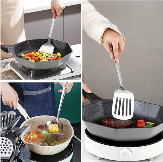 keukengerei, 4-delig, sleufdraaier, solide spatel, schuimspaan en pollepel, roestbestendig, lange steel, ophanglus, vaatwasmachinebestendig, dagelijks koken en serveren — afbeelding 4