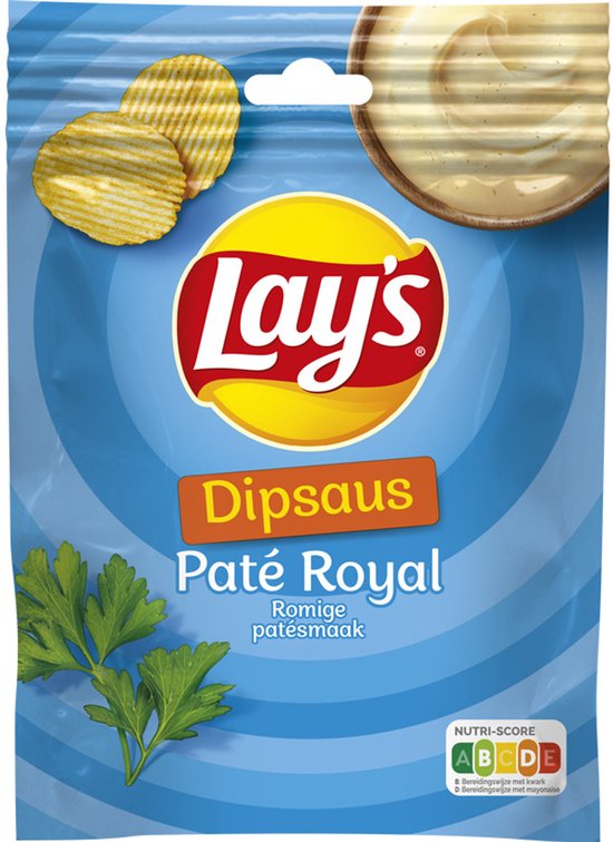 Lay's Dipsaus Paté Royal met romige patésmaak, met chips en peterselie.