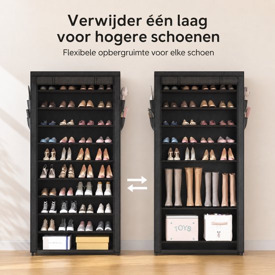 Vergelijking van een zwart schoenenrek met 10 lagen voor schoenen en 9 lagen voor hoge laarzen.