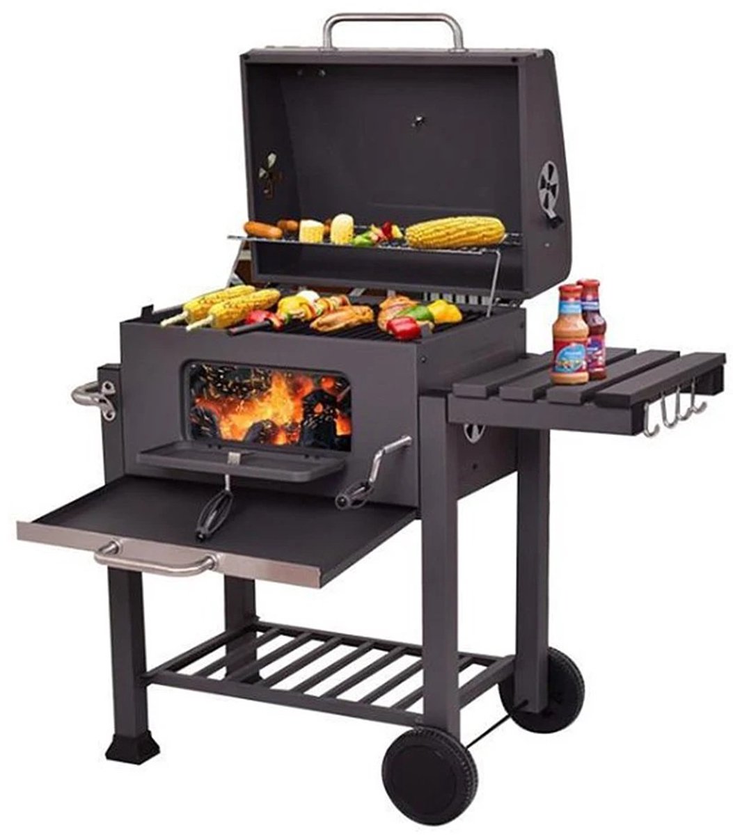 Dailygoods Houtskoolbarbecue, grillwagen, inclusief 2 grills, planken met haken, verstelbare houtskoolbak, barbecuewagen