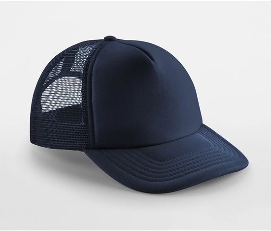 Donkerblauwe trucker pet met gaas aan de zijkant en achterkant.