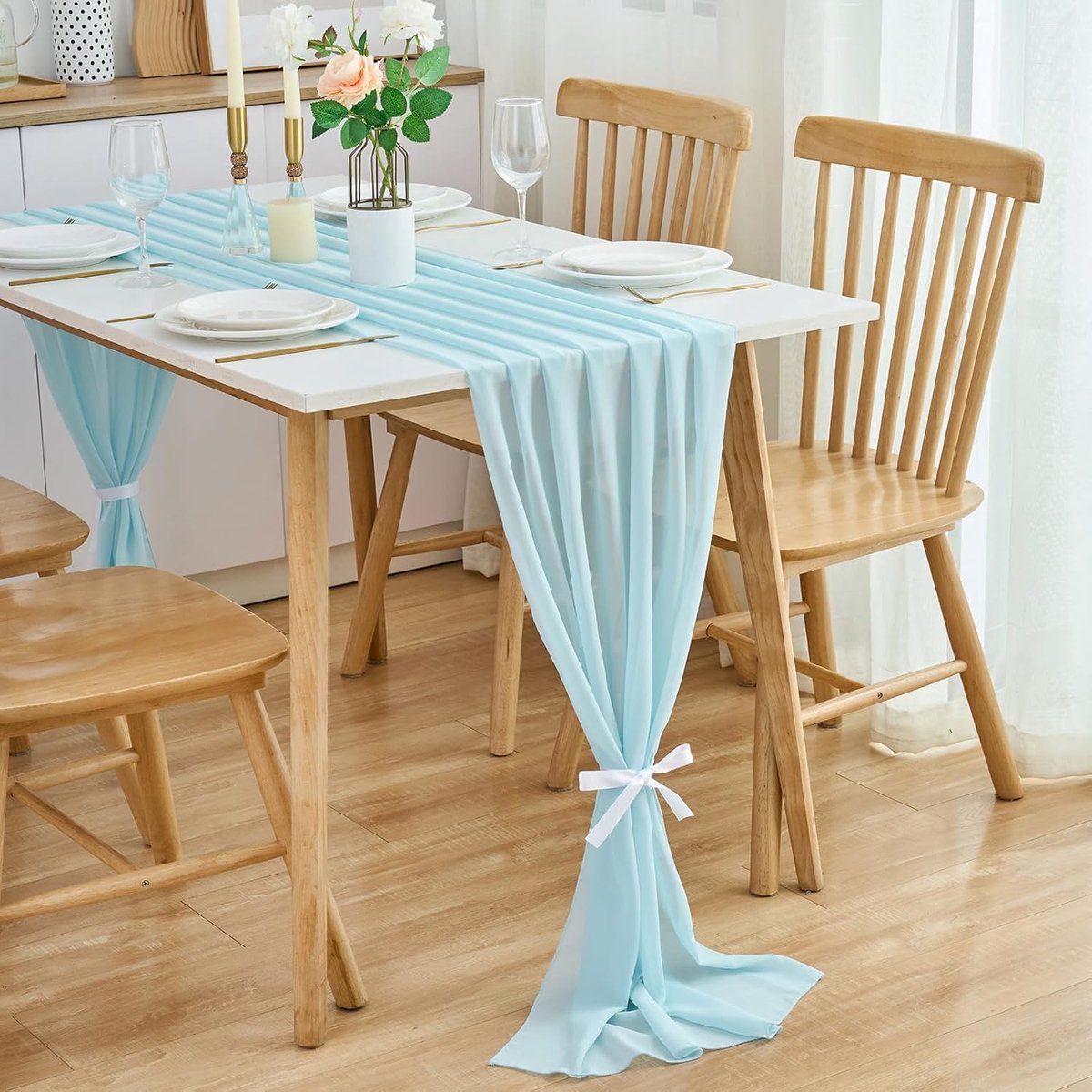Tafelkleed, tafelloper, van chiffon, tafeldecoratie, 70 x 300 cm, Tiffany-blauw