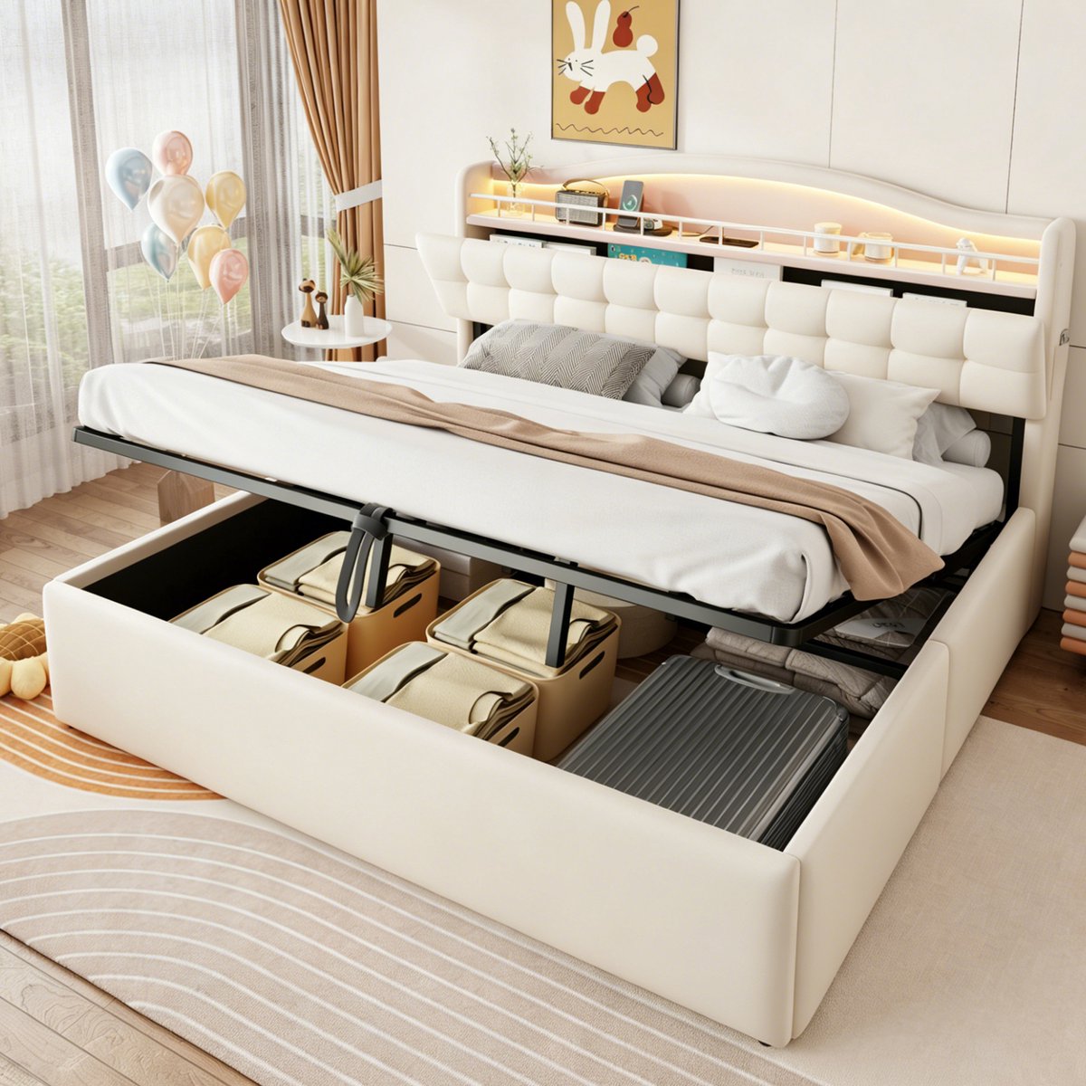 Tweepersoonsbed 180x200 cm - Gestoffeerd bed - Opbergbed - Multifunctioneel bed - Met LED-verlichting en USB-interface - Flueel - Beige