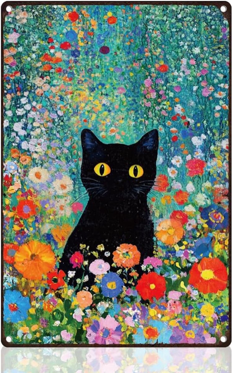kat bloemen retro wanddecoratie metalen tinnen bord 20 x 30 cm tuin zwarte kat bloemen muurkunst poster voor thuis, koffiecafé, kamer galerij binnenplaats tuin kas tuin decoratie