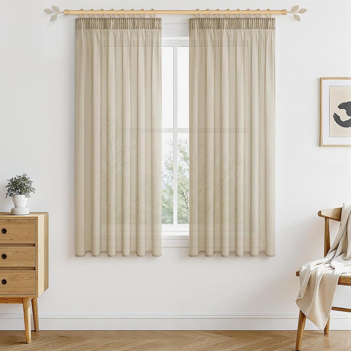 Gordijnen met plooiband, vitrage, beige, kort, transparant, 160 x 140 cm (h x b lusgordijnen, set van 2 gordijnen in linnenlook voor woonkamer, slaapkamer, meisjes, jeugd