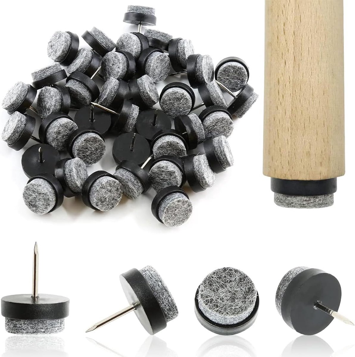 60 stuks viltdoppen voor stoelen Ø 20 mm, ronde poten voor stoelen, viltdoppen met spijker, viltdoppen voor meubels, ter bescherming van meubels en vloeren (zwart)