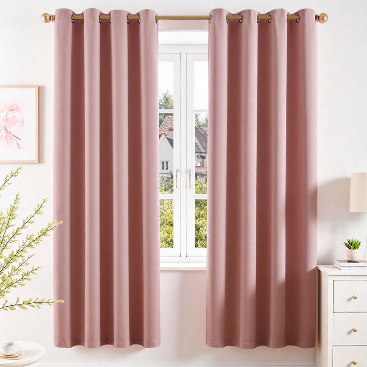 Ondoorzichtige gordijnen, roze gordijnen met ogen, H 200 x 140 cm, set van 2 verduisteringsgordijnen, verduisteringsgordijnen, slaapkamer, modern, gordijn met inslagringen