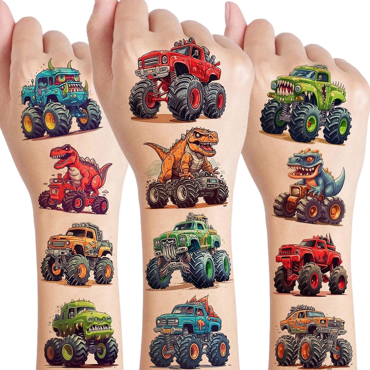 Tijdelijke tatoeages voor kinderen, jongens, kleurrijke dinosaurus monstertruck zelfklevende tatoeages, tatoeages om op te plakken, nep tatoeage stickers, lichaam, gezicht