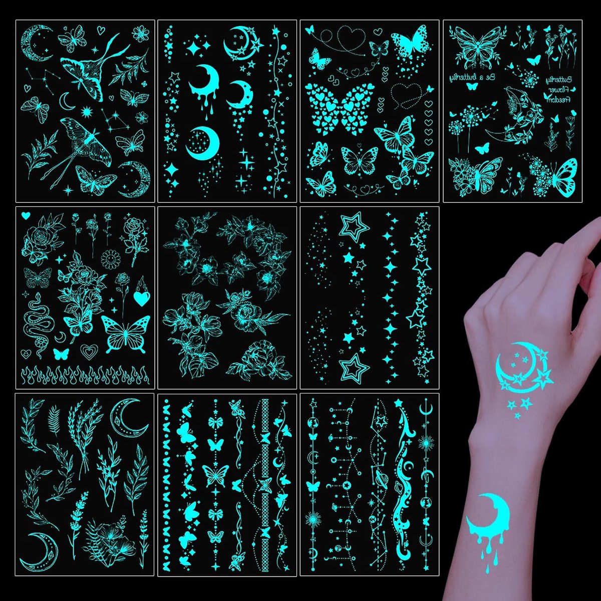 Tijdelijke tatoeages voor vrouwen, 10 vellen lichtgevende bloemen, vlinders, vleugels, sterren, maan, waterdichte stickers voor gezicht, lichaam en armen