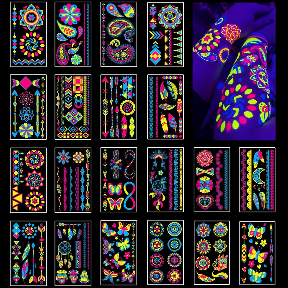 Tijdelijke tatoeages gloeien onder neon, uv, zwart licht, tijdelijke tatoeages voor kinderen, tieners en volwassenen, UV-gloed neon feestaccessoires benodigdheden, waterdichte