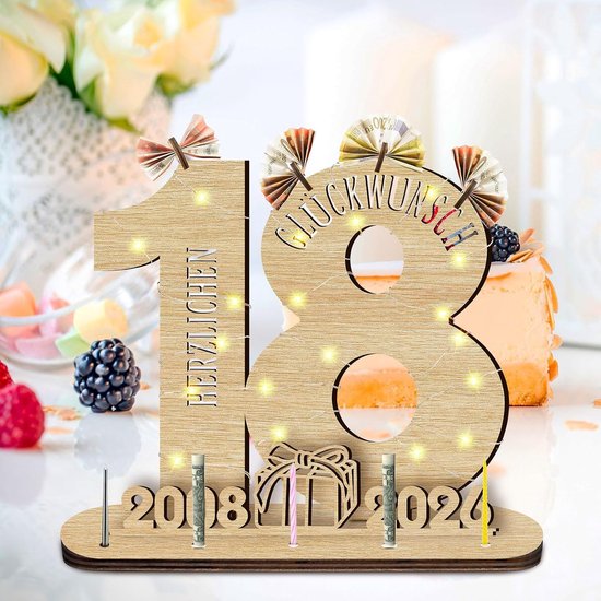 2026 18e verjaardagscadeau houten bord met led-gastenboek, geldcadeau, verjaardag, vrouwen en mannen, verjaardagsdecoratie, cadeaus voor 18e verjaardag, personaliseerbaar cadeau — afbeelding 4