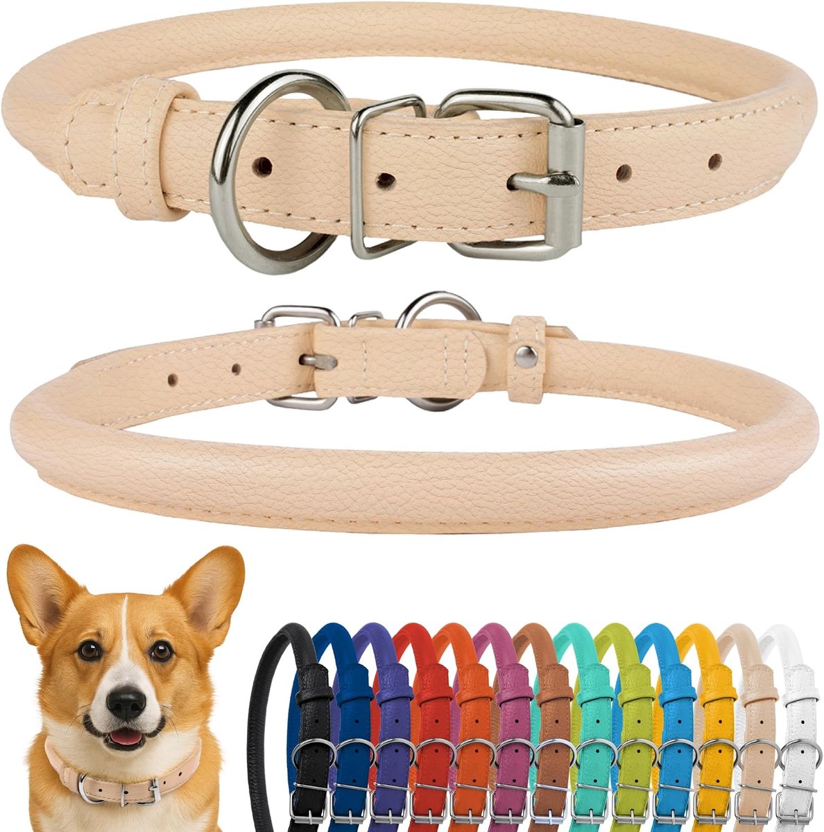 Rolled lederen halsband, zachte gewatteerde ronde puppyhalsband, handgemaakte echt lederen halsband hond kleine grote halsbanden zwart roze rood paars blauw (geschikt voor 30-38 cm nek,
