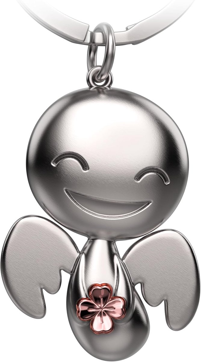 Beschermengel sleutelhanger Happy met klaverblad - geluksengel van metaal - veel succes geluksbrenger auto engel hanger - cadeau veel geluk klaverblad - geschenk geluksbrenger