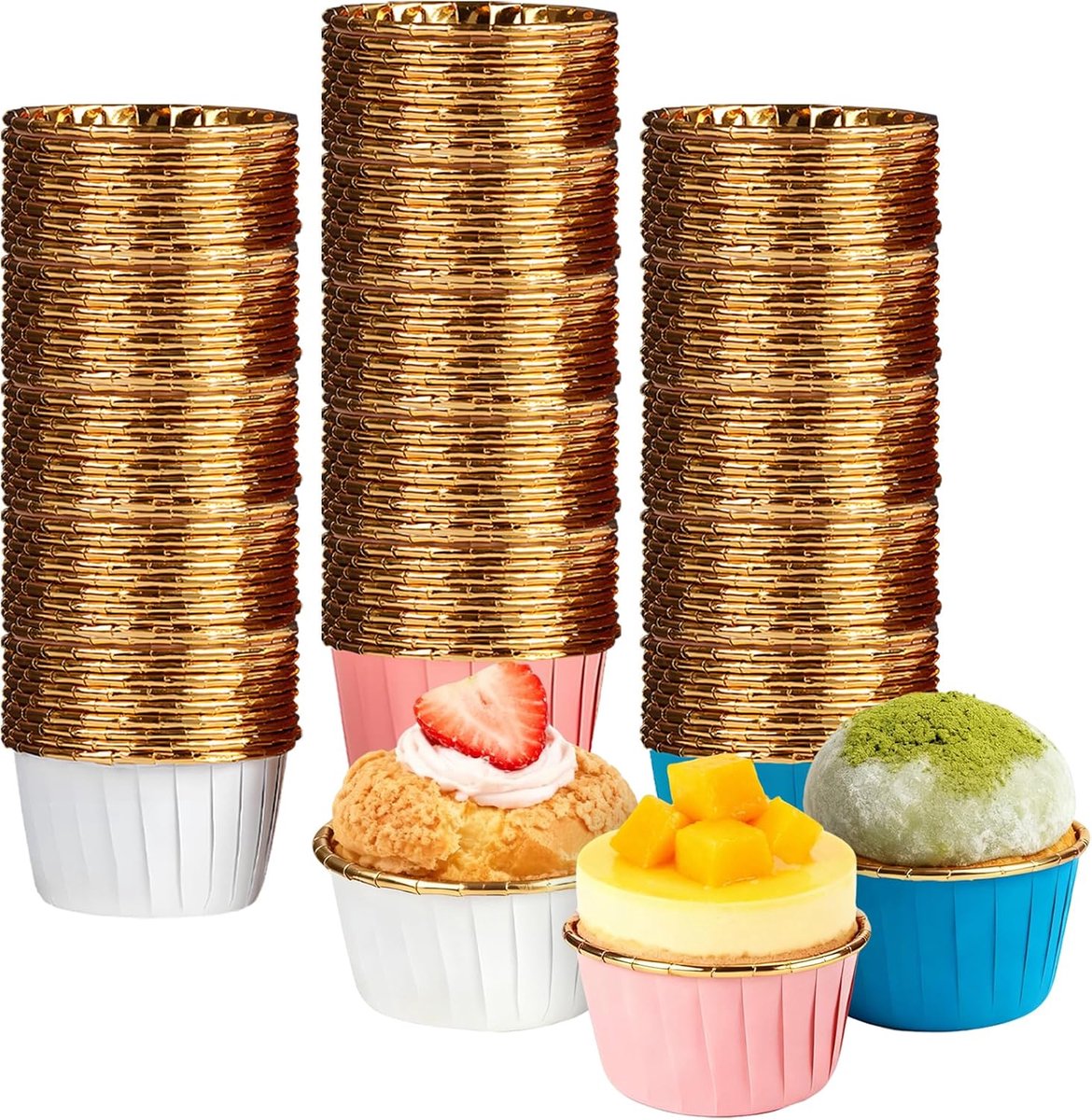 150 stuks papieren muffinvormpjes van aluminiumfolie, antiaanbaklaag, bakbekers voor cupcakes, desserts, bakken, verjaardag, bruiloft en feest (wit/roze/blauw/goud)
