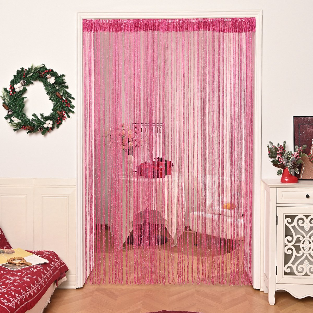 Prachtig deurgordijn, decoratief gordijn, kamerschermgordijn van 200 x 100 cm, eenvoudig gordijn, geschikt voor de woonkamer, studeerkamer, slaapkamer, als decoratie voor de deur, als scheidingsgordijn en voor huisdecoratie,Roze rood