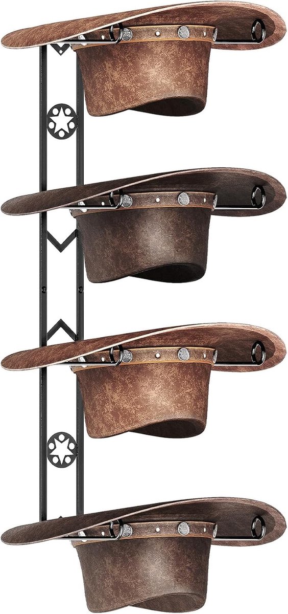 4 stuks cowboyhoed organizer hangers voor muur, westerse hoedenrek, wandmontage met decoratieve ster, metalen cowboyhoedhouder voor westerse, cowboy, strand, fedora, zonnehoeden (zwart)