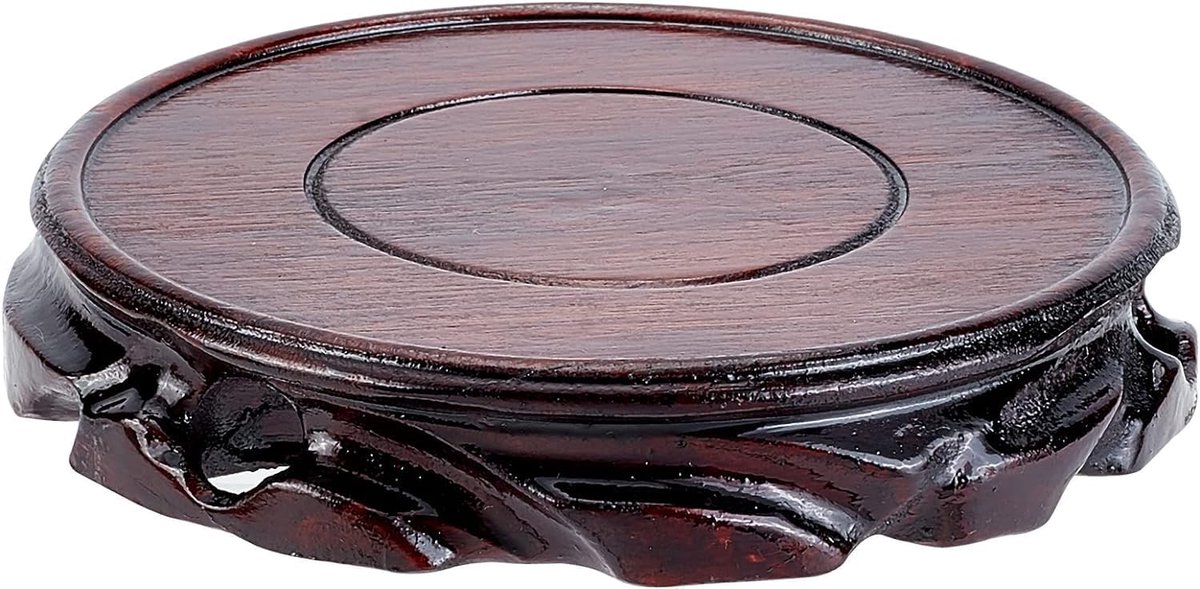 Massief houten displaystandaard basis 13,8 x 2,3 cm cirkelvormig voetstuk vaas displaystandaard oosters gesneden houten voetstuk voor plantenpot, edelsteen, vistank, theepot (kokosbruin)