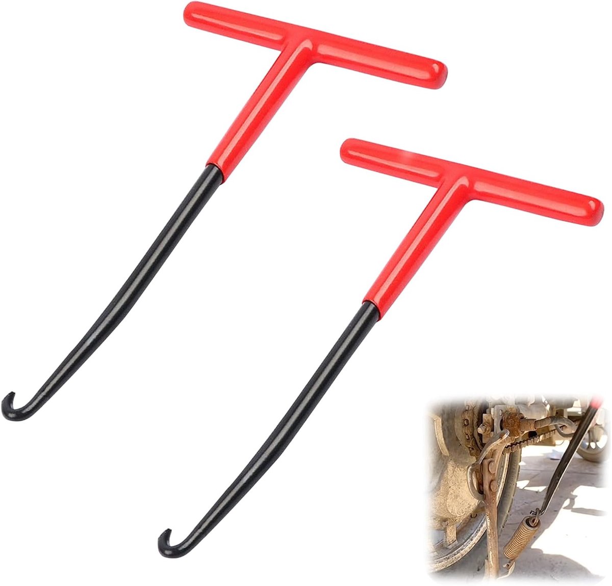 2 stuks Uitlaat veerhaak set motorfiets gereedschap T-vorm trekhaak veertrekker staal antislip handgreep compact formaat universeel gebruik
