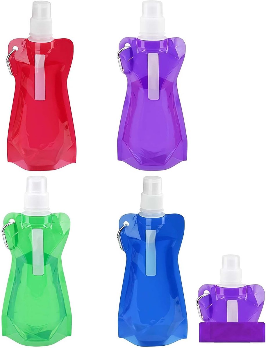 4 stuks Opvouwbare drinkfles 450 ML, Opvouwbare waterfles, Herbruikbare drinkfles, Opvouwbare drinkfles met karabijnhaak, Drinkfles opvouwbaar voor outdoor-sport, fietsen, wandelen