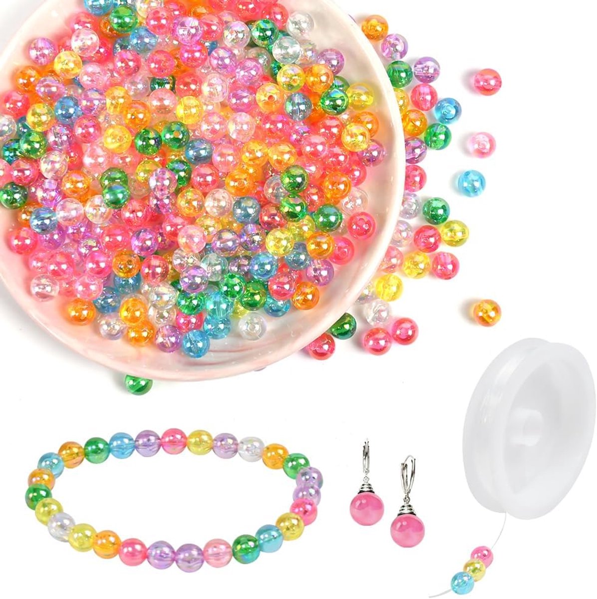 Kralen, 8 mm, kleurrijke knutselkralen om te rijgen | Farbebn Knutselkralen, rond, voor armbanden, met 5 m koord, voor doe-het-zelf sieraden, armbanden, halskettingen knutselen