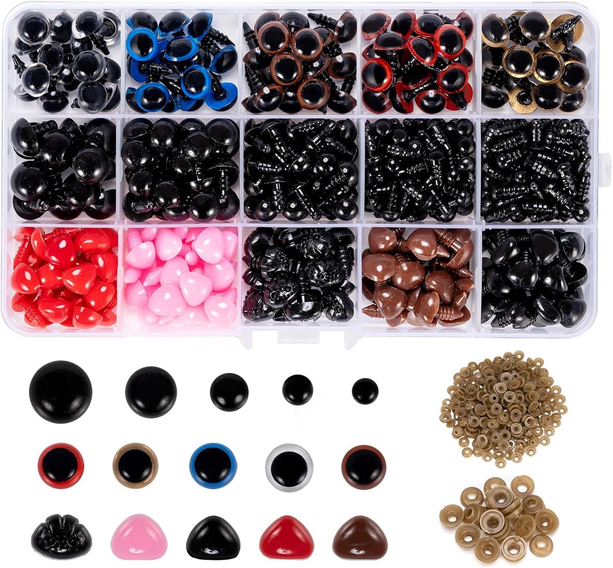 Ogen en veiligheidsneus, ogen voor gehaakte dieren met sluitringen, kunststof poppenogen, veiligheidsneus voor pluche pop, marionet, teddybeer (6-14 mm) | Ogen voor gehaakte dieren met sluitringen; voor pluche pop, marionet, teddybeer (6-14 mm)