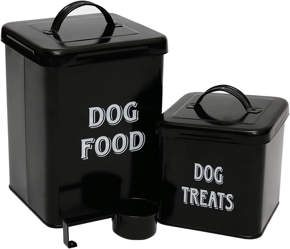 Voedsel en traktaties voor huisdieren met schep voor katten of honden - crème gepoedercoat koolstofstaal - nauwsluitende deksels - opbergbusblikken - hondenvoer - zwart