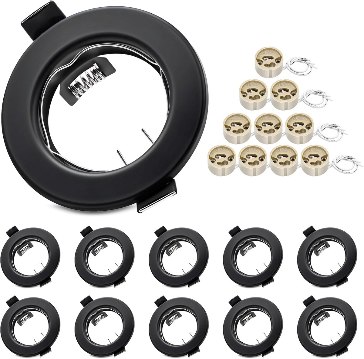 Set van 10 ronde inbouwspots GU10 - Mat zwart inbouwframe met fitting, geschikt voor boorgaten Ø55-70mm. Ideaal voor LED- en halogeenlampen. Eenvoudige installatie en moderne uitstraling.
