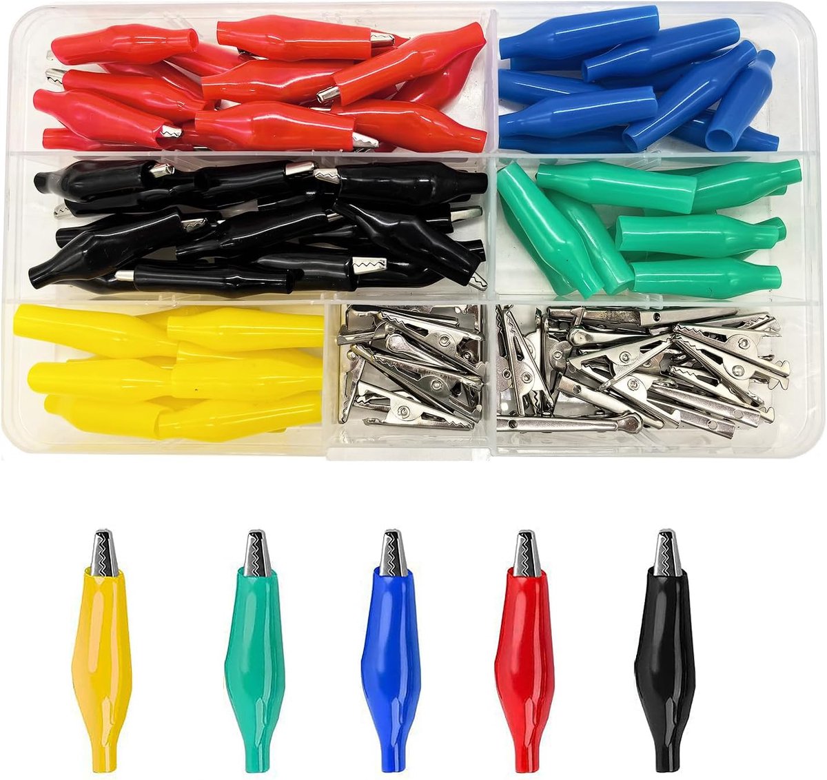 35 mm, 50 stuks, krokodillenklemmen met isolerende beschermende afdekking voor multimeter, printplaatverbinding (zwart/rood/geel/blauw/groen)