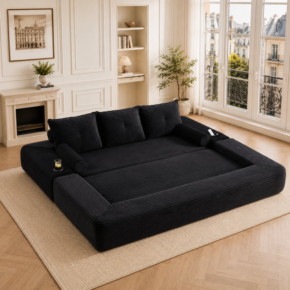 OKWISH Slaapbank 3-Zits - Uitklapbaar Met Memory Kussens, Opbergtassen En Bekerhouder - Voor Woonkamer En Appartement - Corduroy - Zwart