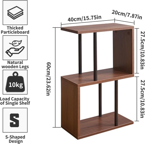 S-vormige bijzettafel, 3-laags bijzettafel met open opbergplanken, antislip voeten, nachtkastje in moderne stijl, smalle bijzettafel voor kleine ruimte woonkamer slaapkamer licht walnoot — afbeelding 2