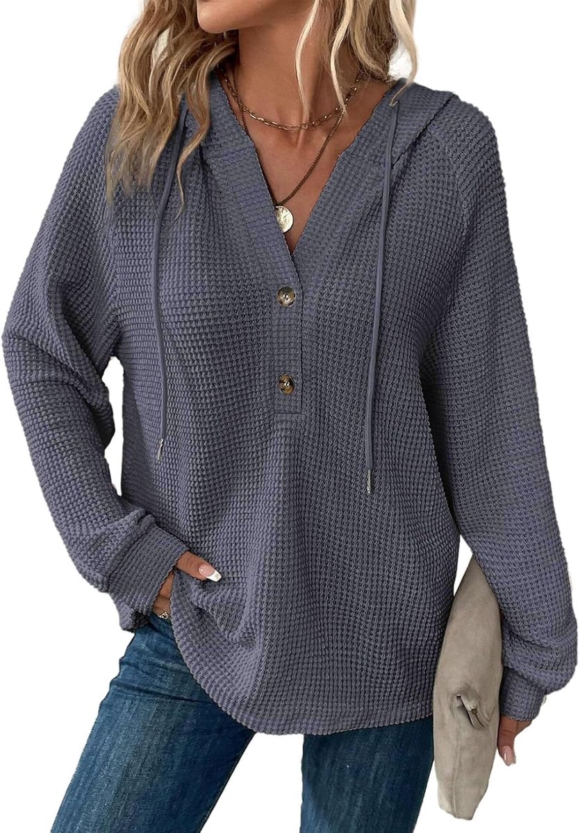 Hoodie dames wafel losse capuchon knoopsluiting sweatshirt V-hals met trekkoord lange mouwen pullover dames met capuchon, grijs, L