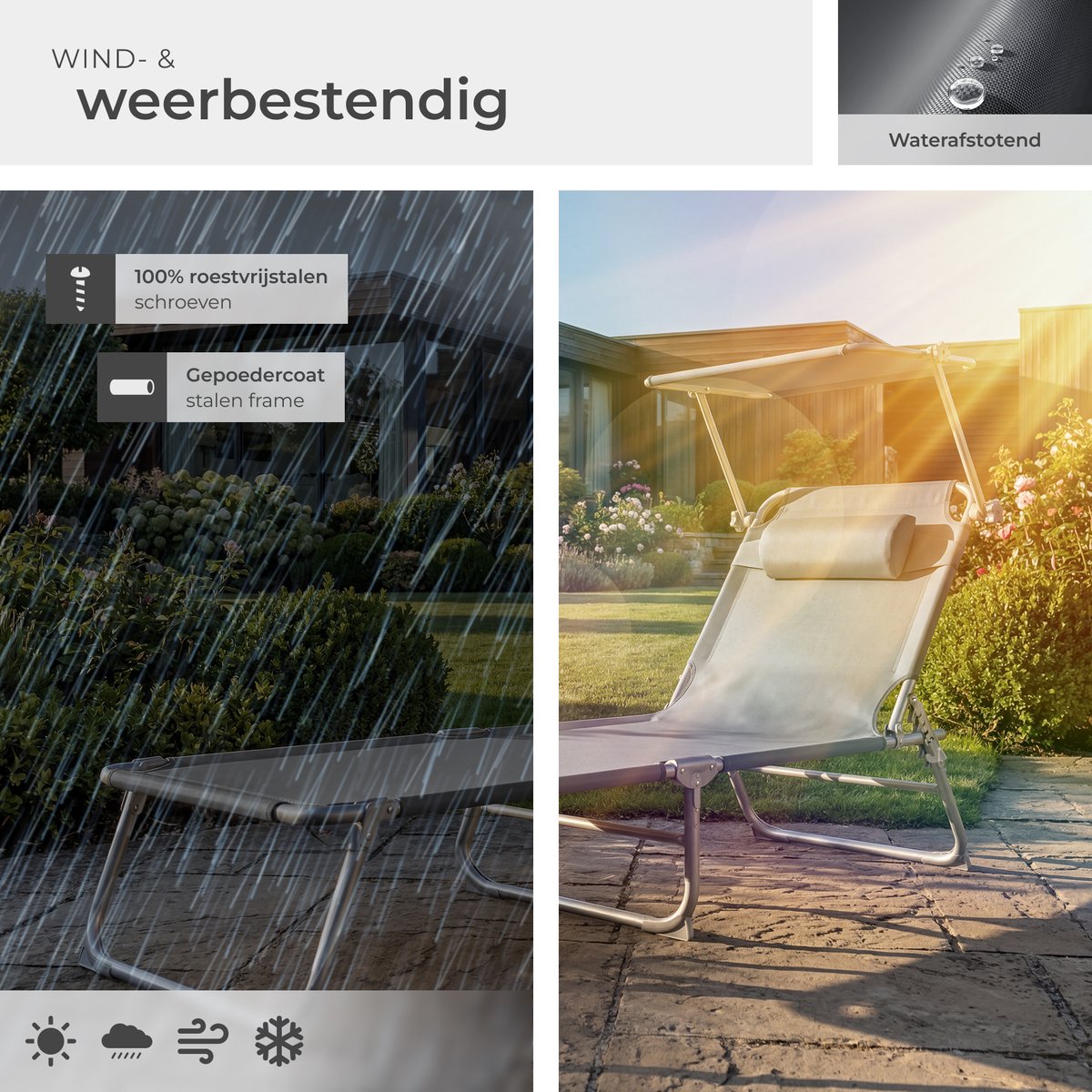 tectake® Ligstoel met Zonnescherm - Opvouwbaar Ligbed - Zonnebed met Verstelbare Rugleuning in 4 Standen - Inclusief Hoofdkussen - Strandstoel voor Buiten - Ideaal voor Tuin, Zwembad, Camping - Grijs — afbeelding 4