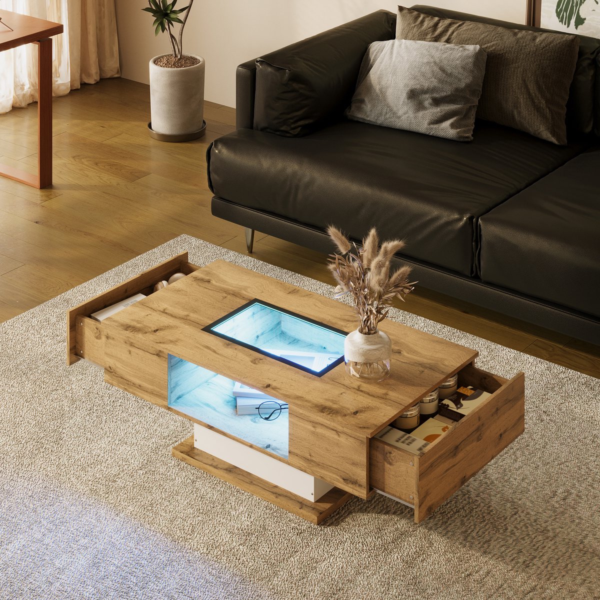 COVREO Salontafel 110,2 x 60 x 39,7 cm naturel, spaanplaat met LED en 2 lades