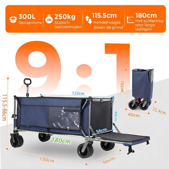 Opvouwbare Bolderkar - 300L+120L Strandkar - Tuinkar - Transportwagen - Achterklep - Brede Wielen - Snel Inklapbaar - Robuust Frame - Camping - 180cm - Vervoeren - Blauw van Opvouwbare Bolderkar — afbeelding 5