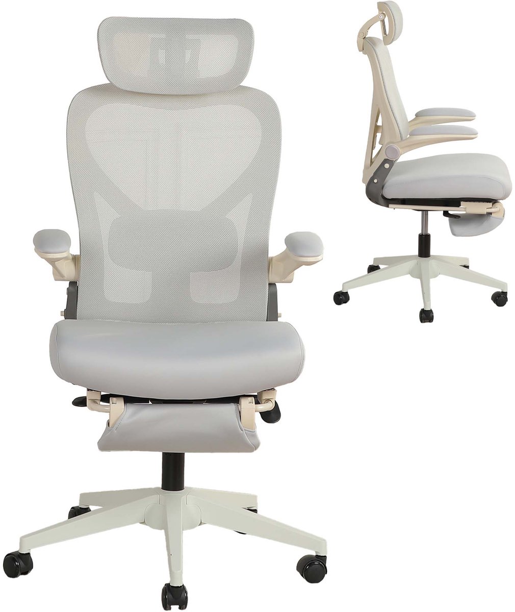 TEKROA® Ergonomische Bureaustoel Inklapbaar - Met Lendensteun, 3D-Hoofdsteun, Opklapbare Armleuningen & Voetsteun - Ruimtebesparend - voor Volwassenen - Grijs