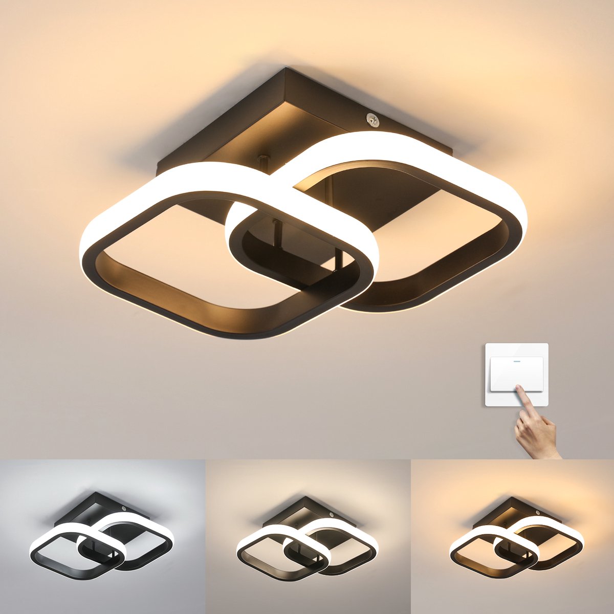 Riserva LED Plafondlamp Modern - Zwart - 18W 2025lm - 3 Lichtkleuren - Vierkant Design - LED Plafondlamp voor Woonkamer en Slaapkamer