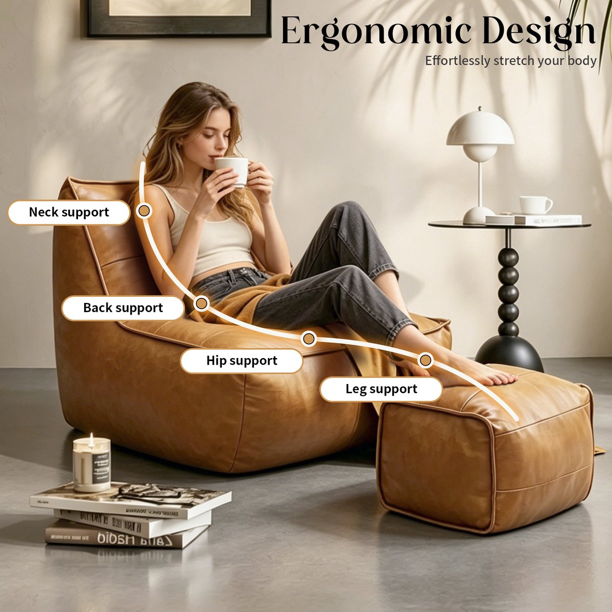 OKWISH Zitzak 80 X 93 X 75 Cm – Met Rugleuning En Voetenbank – Voor Woonkamer En Gamehoek – Kunstleer – Bruin