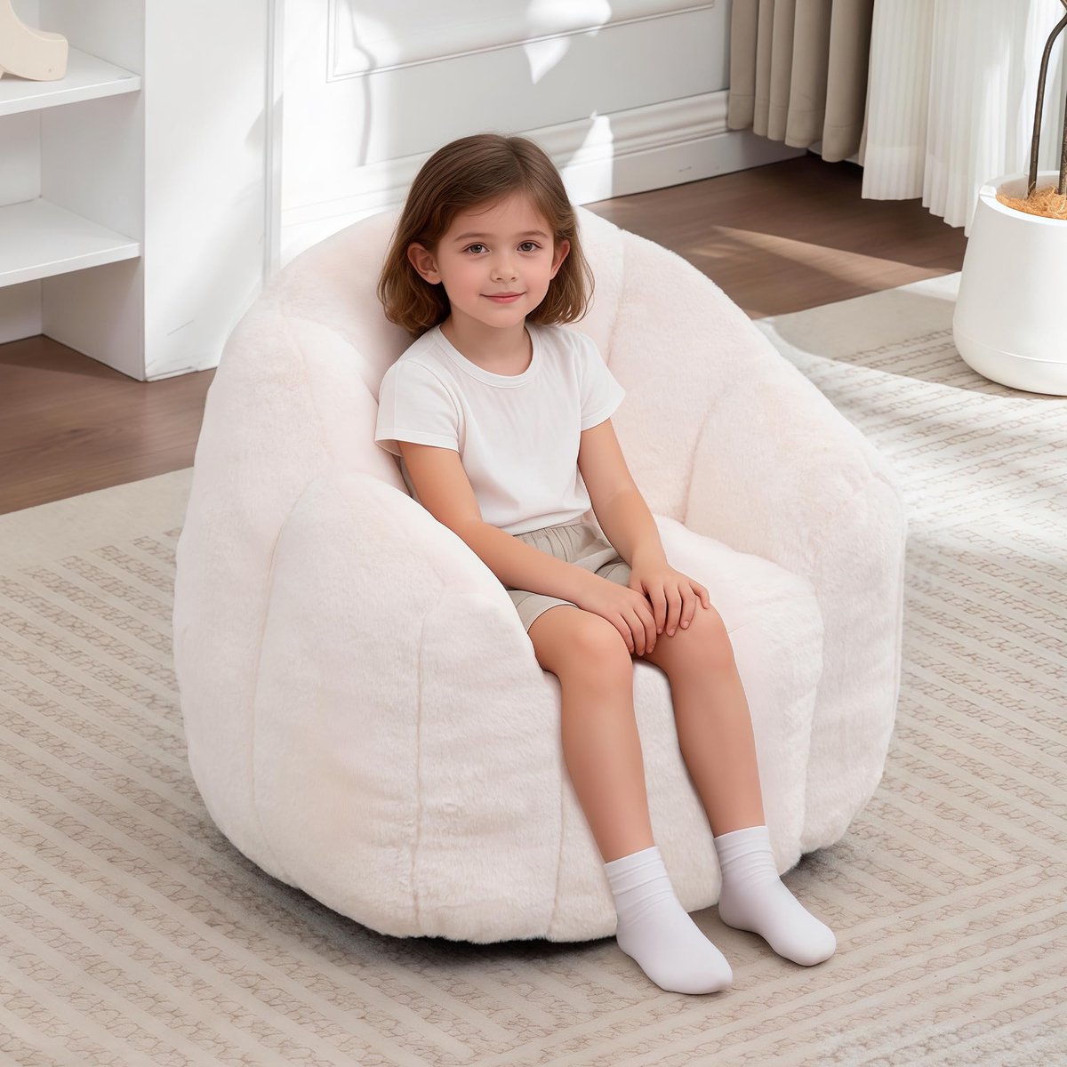 SnelShoppen - MINCETA Zitzak Stoel voor Kinderen, Beige Zitzak Sofa Stoelen met Vulstof, Comfortabele Zitzakstoel met Handvat voor Woonkamer en Slaapk