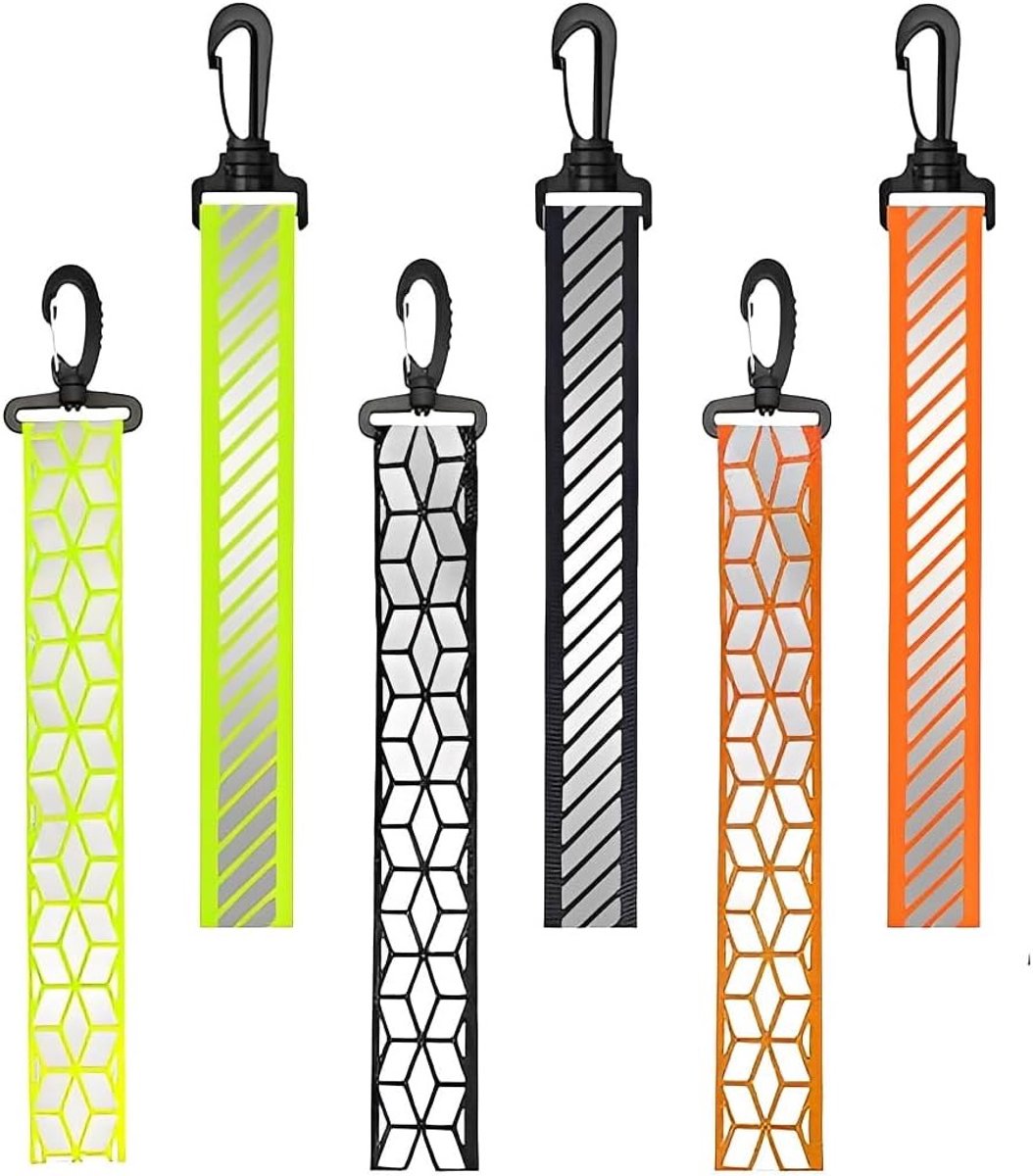Reflecterende hangers voor rugzakken - 6 stuks, veiligheidshangers van polyester voor kinderen, hardlopen, fietsen en kinderwagens, hoge zichtbaarheid 's nachts, 19,5 x 2,5 cm, 3 kleuren beschikbaar