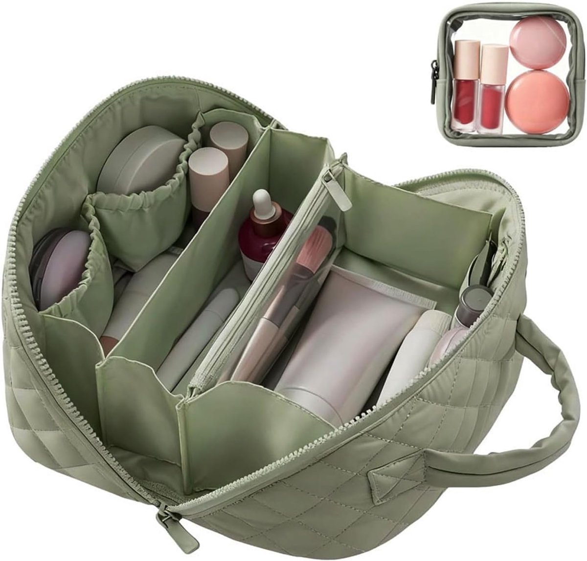 SnelShoppen - Grote Cosmeticatas met Vakken, Waterdichte Make-uptas voor Dames, Make-up Organizer en Toilettas in Groen voor Thuis en Op Reis