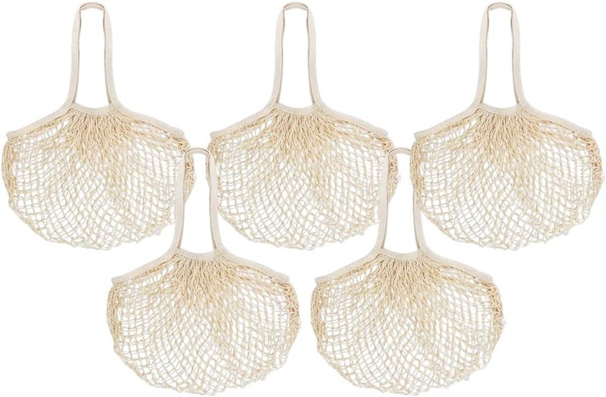 Herbruikbare Katoenen Shopping Bags, 5 Stuks, Lange Handvatten, Ideaal voor Boodschappen, Strand, Fruit en Groenten