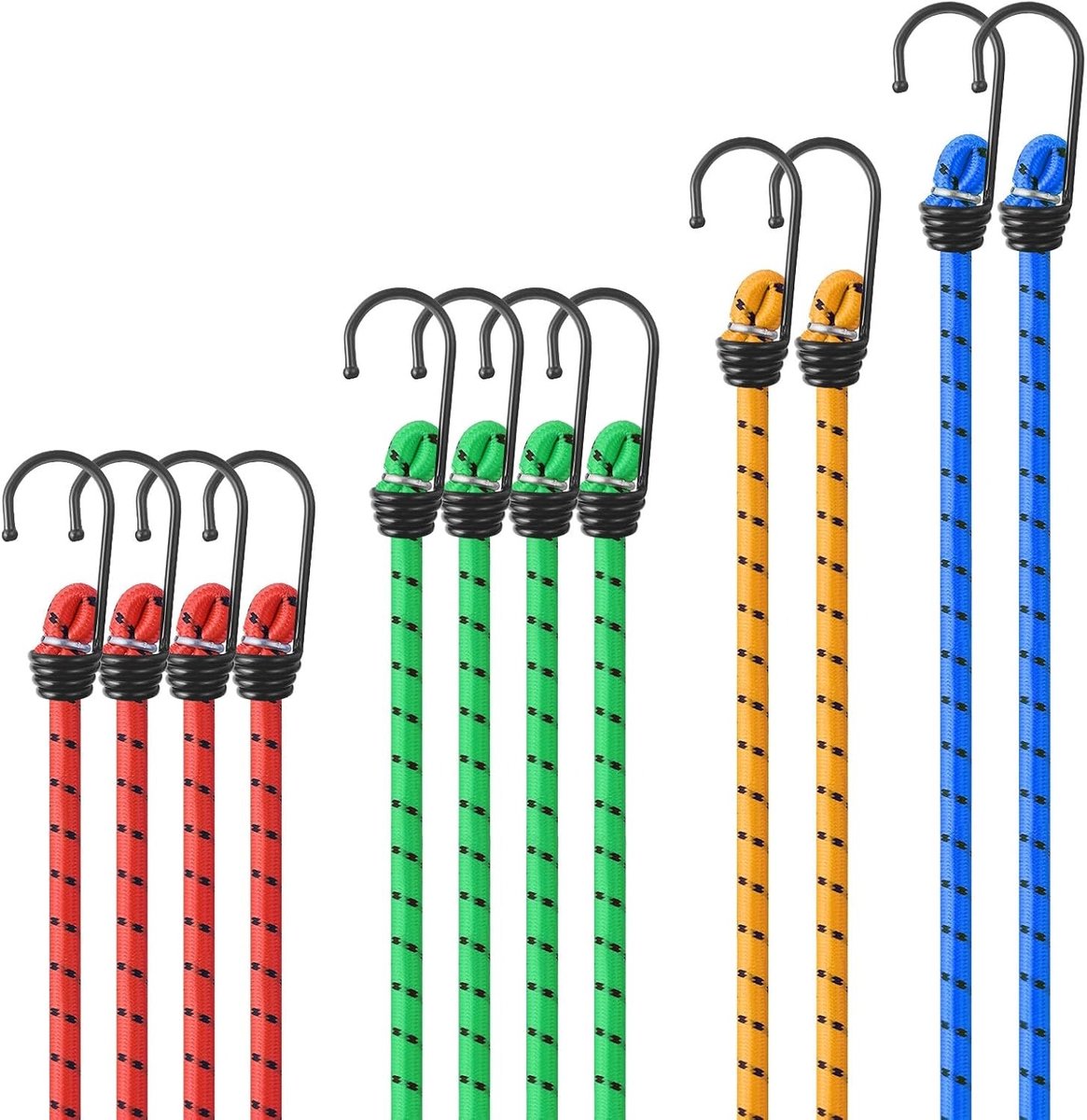 Set van 12 universele spanbanden met haken voor bagage, extra sterke spanning, geschikt voor meubels en kamperen, 4 lengtes beschikbaar