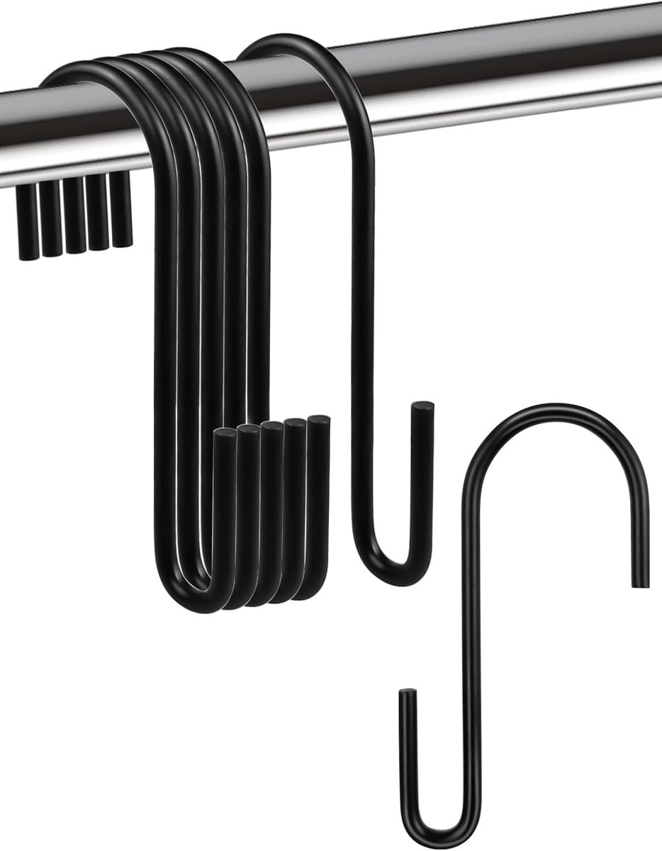 12-delige RVS S-haak set, Zwarte metalen haken voor ophangen, Sterke haken voor thuis, kantoor, badkamer en keuken