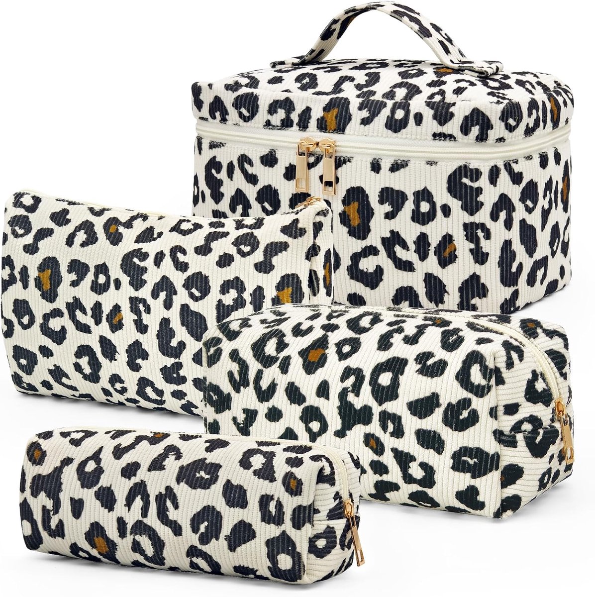 SnelShoppen - Set van 3 make-uptassen met bloemenpatroon en 4 luipaardpatroon voor dames, grote toilettassen, draagbare make-uptassen, ideaal voor vro