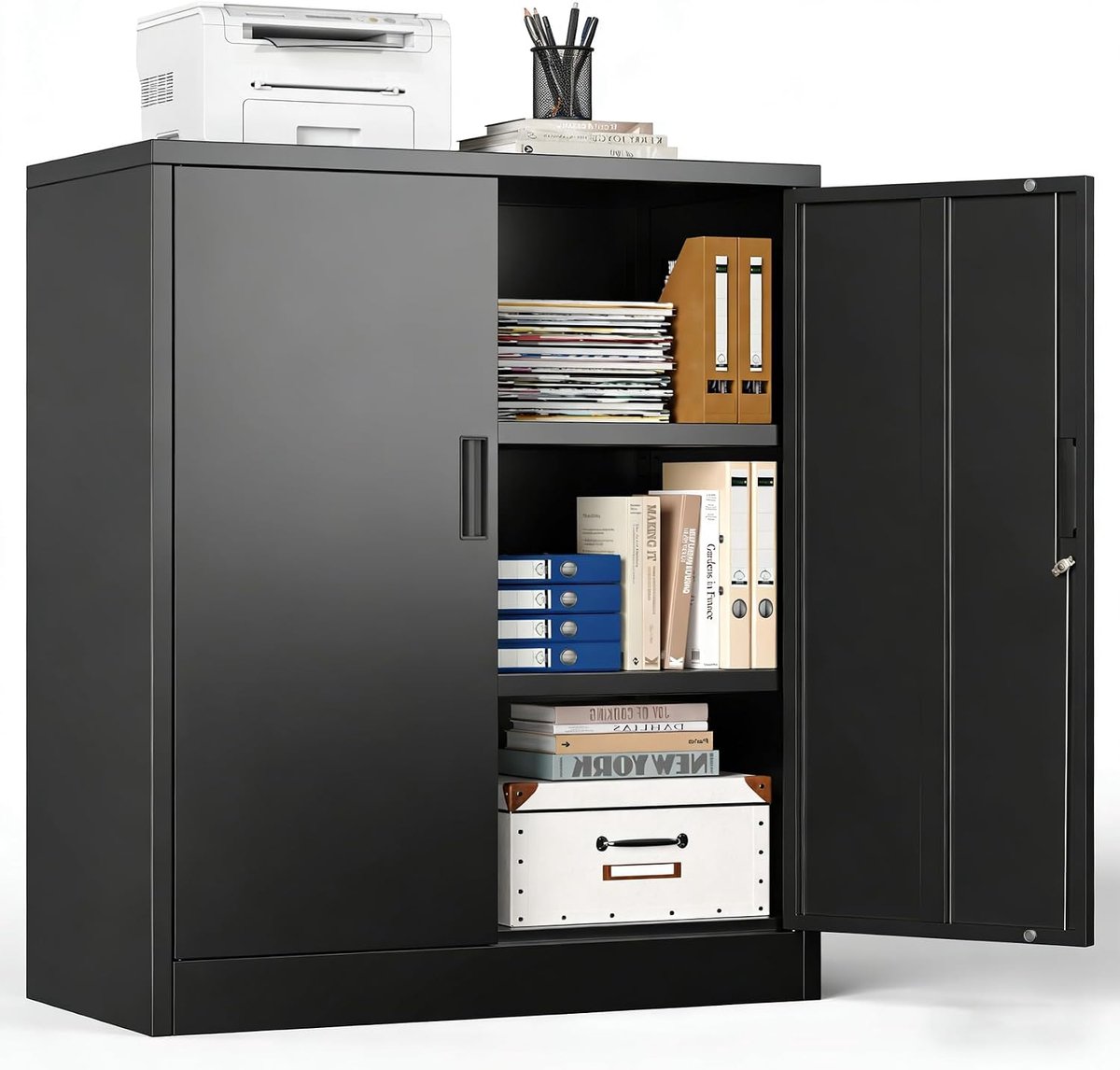 SnelShoppen - Briefcase Multi-Functioneel Kast, Bureau Kast met 2 Deuren, Afsluitbare Stalen Opslagkast met 2 Hoogte Verstelbare Planken, Zwart voor K