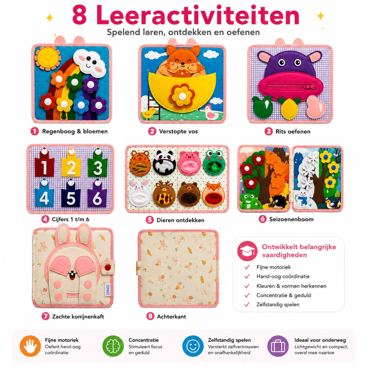 Joyage Busy Board Boek - Montessori activeitenboek voor onderweg in de auto - Busy book - Sensorisch speelgoed 3 jaar montessori speelgoed - Meisjes speelgoed jongens speelgoed peuter speelgoed 2 jaar - Kinderspeelgoed 1 jaar 3 jaar Activiteitenbord — afbeelding 2