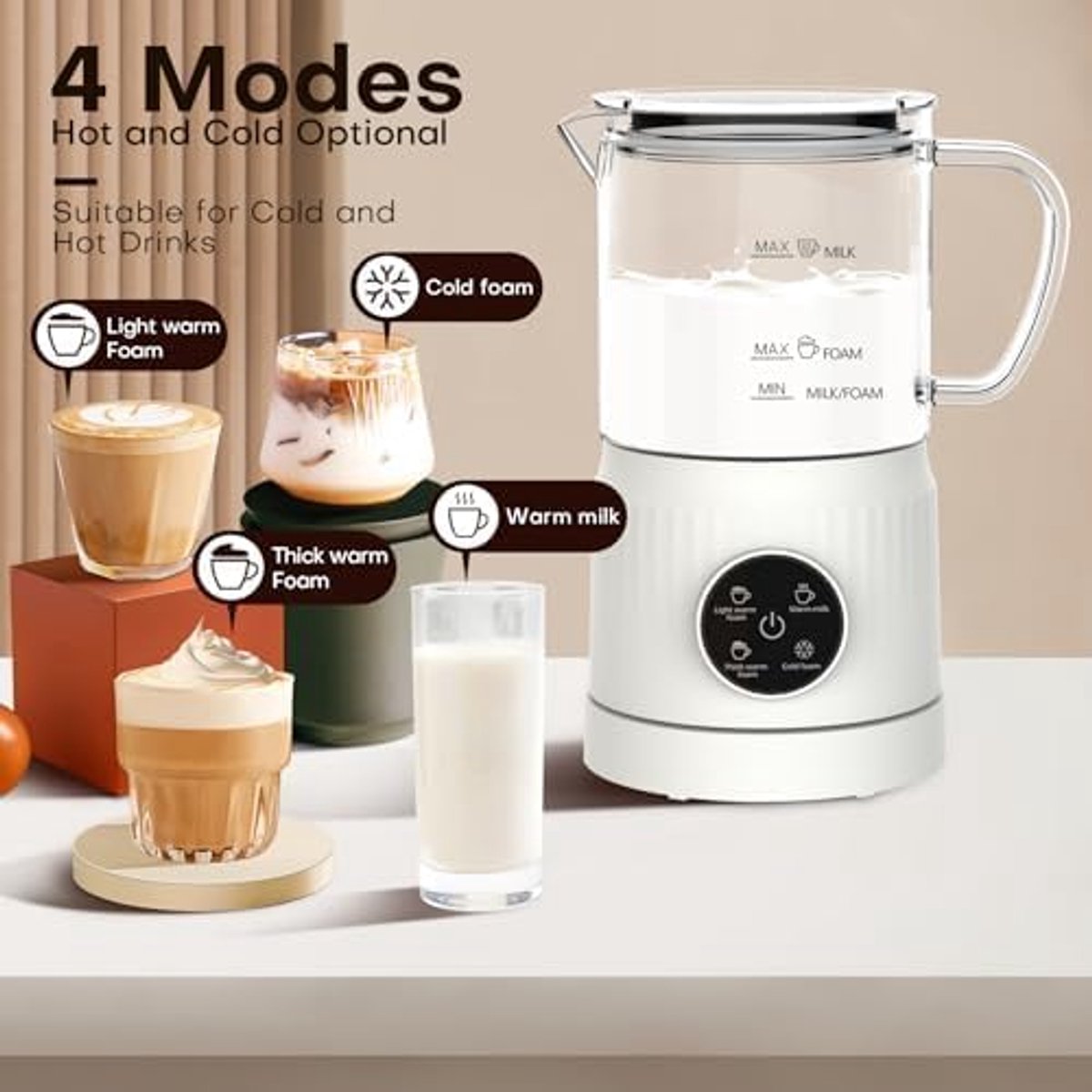 Elektrische Melkopschuimer 4-in-1 - Automatische Melkverwarmer - Koffie Schuimer voor Latte Cappuccino Macchiato - Warme en Koude Melkschuim Maker - Glazen Beker - Wit — cadeau in Kookcadeaus - foto 5